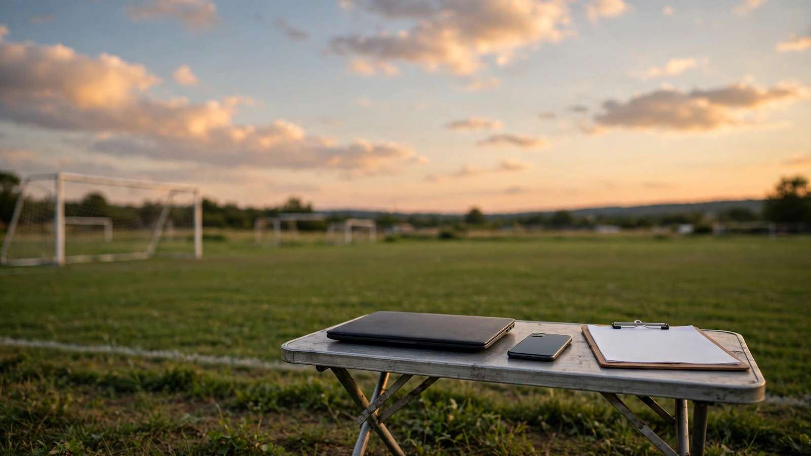 A closed laptop and a phone on a folding table beside an empty youth soccer field at dusk.