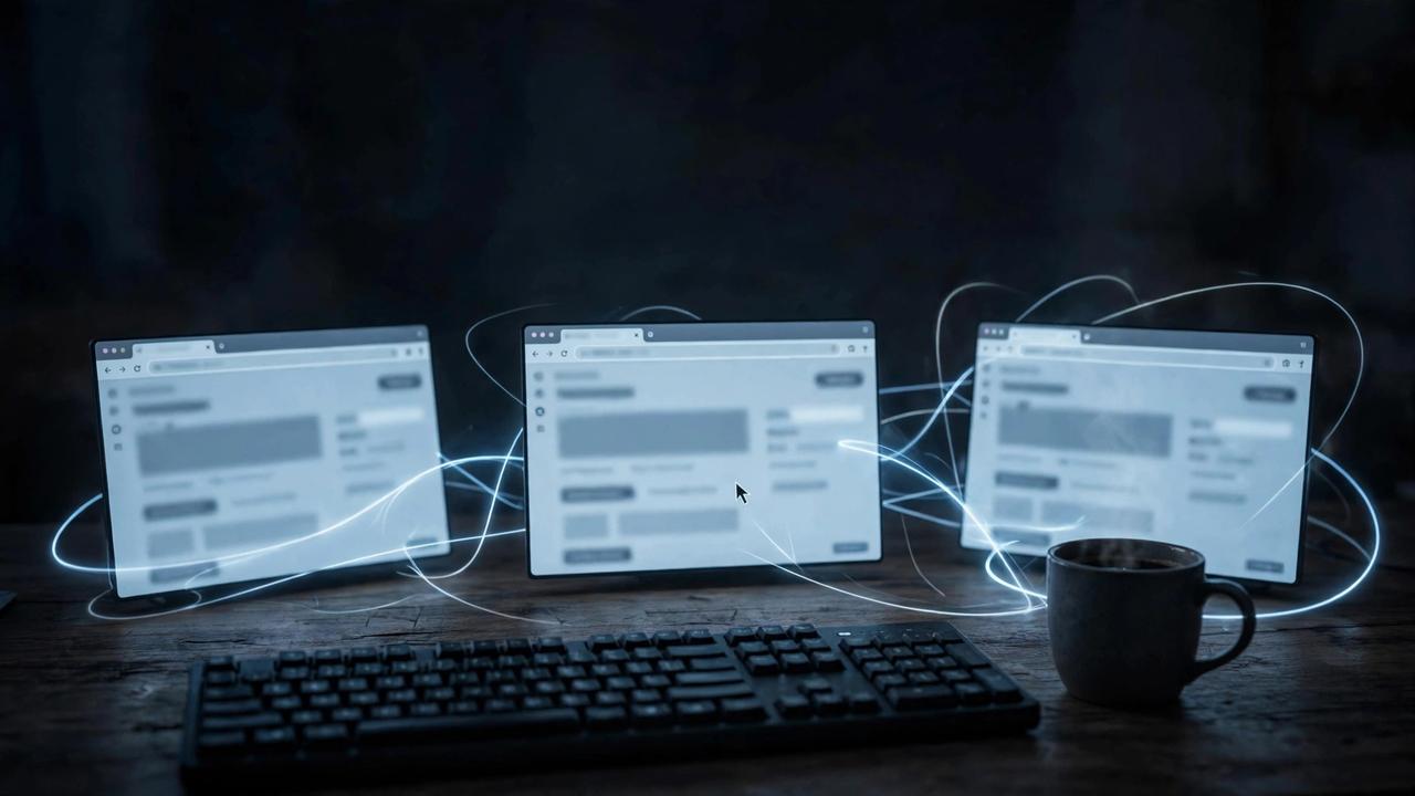 Browser windows glowing on a dark desk at night.