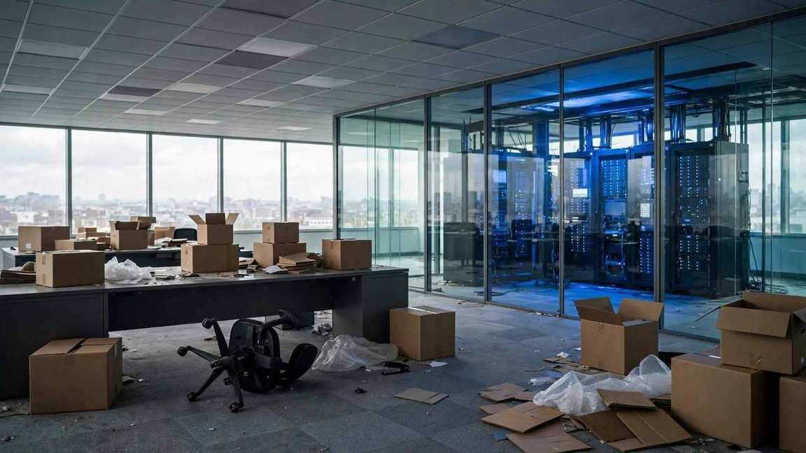 An empty corporate office with moving boxes, a glowing server room behind a glass wall.
