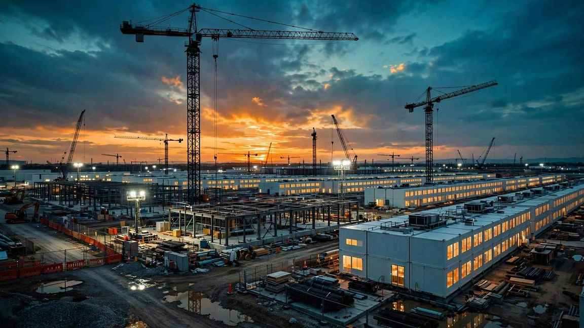 A massive data center campus under construction at dusk, cranes silhouetted against the sky.