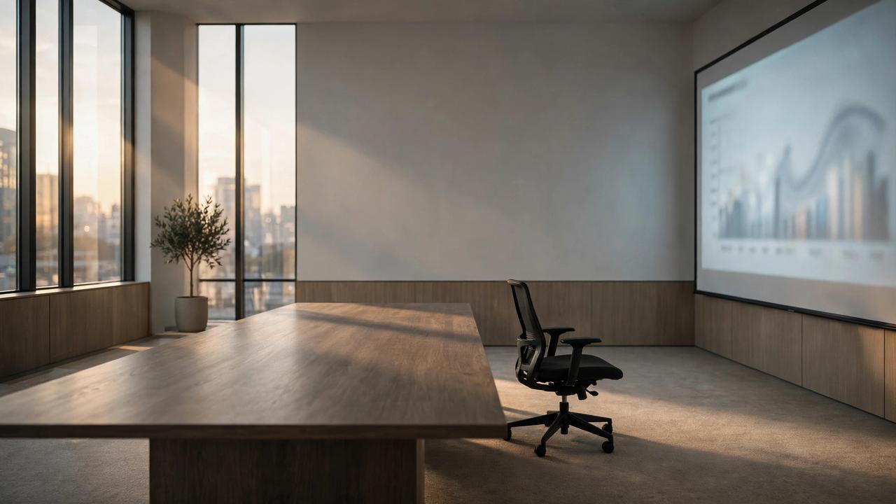 An empty corporate boardroom with a glowing projection screen.