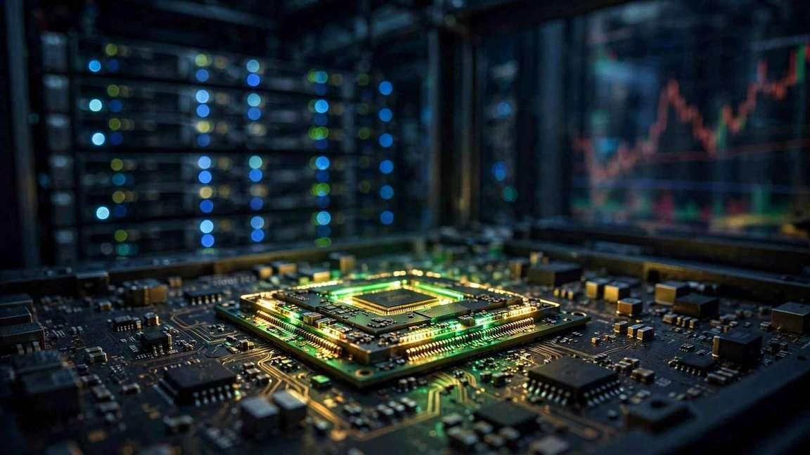 A glowing graphics processor chip inside a dark data center server rack at night.