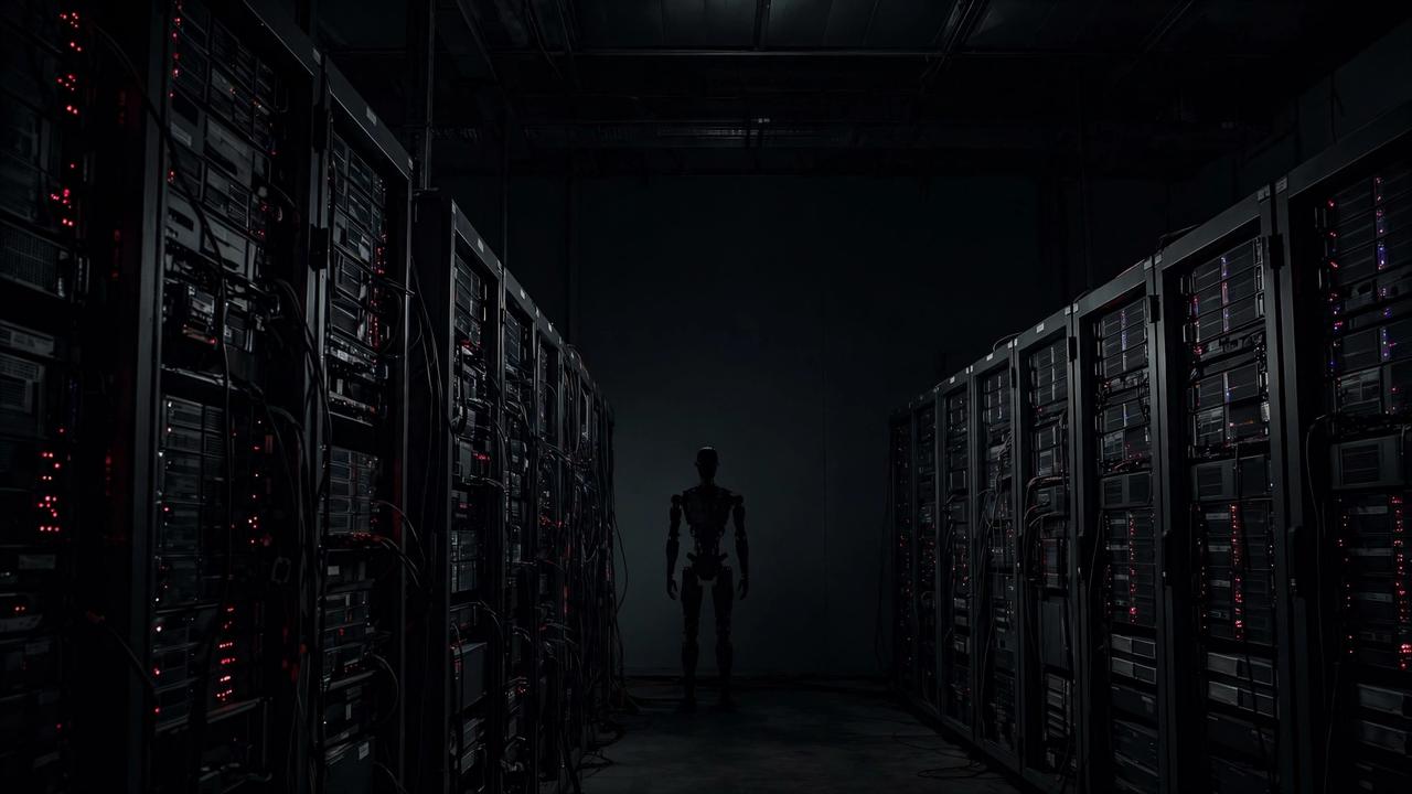 A humanoid robot silhouette standing in a dark server room.