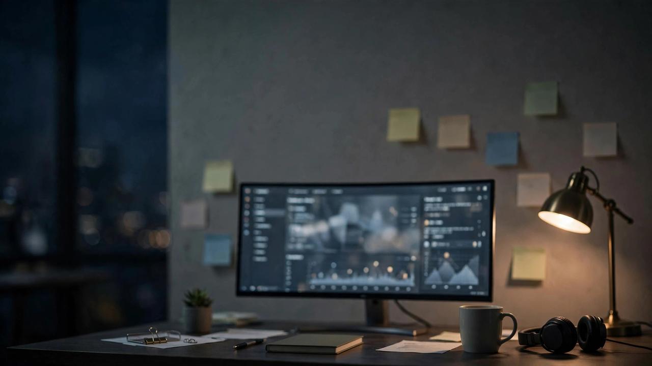 A product manager's desk with a blurred dashboard on an ultrawide monitor at night.
