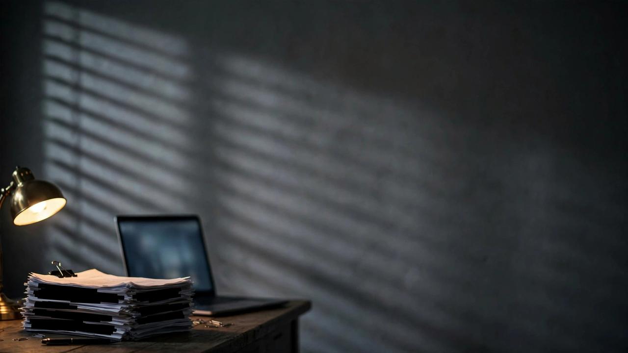 A dim federal office desk with redacted documents under a lamp.