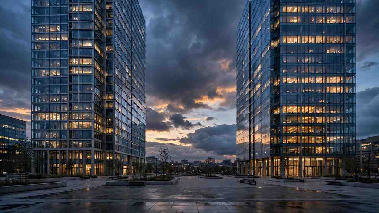 Two glass office towers facing each other across an empty city plaza at dusk.