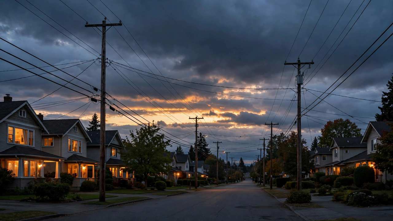 Power lines and utility poles stretching over a quiet suburban street at dusk.