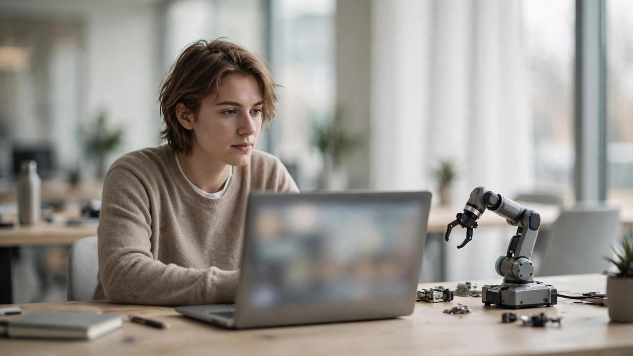 An office worker at a desk beside a small robotic arm.