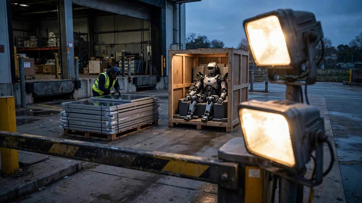 A crated humanoid robot and solar panels under inspection at a warehouse dock at dusk.