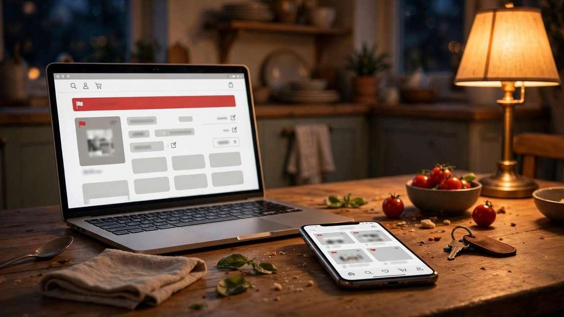 A laptop showing a flagged online store listing beside a phone, in warm evening light.