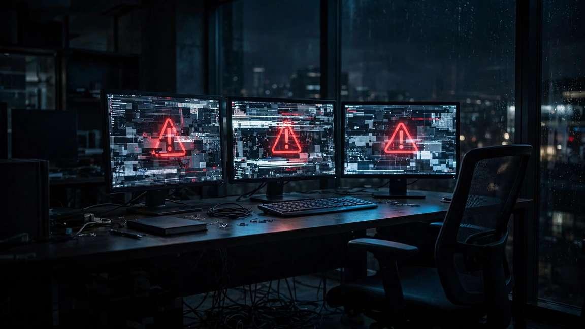 Three glitching monitors and a red warning triangle in a dark office at night.