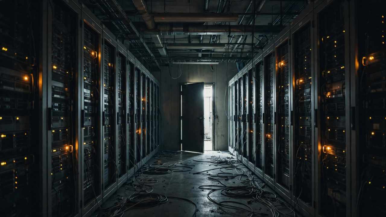 An empty server room aisle with amber warning lights and a door ajar.