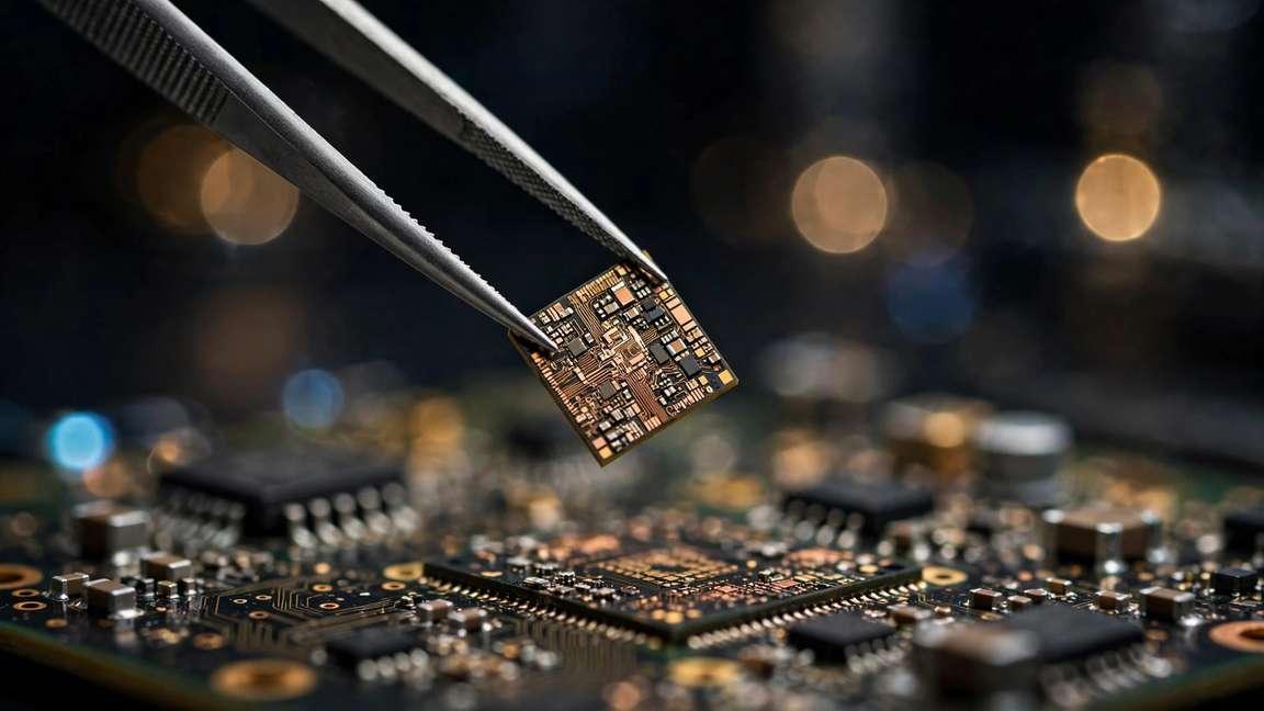 A tiny computer chip held in tweezers over a circuit board, macro shot.