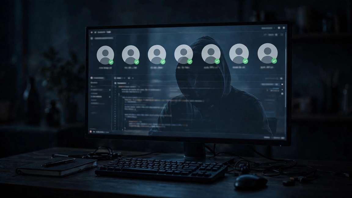 A code review screen with identical avatar icons approving a request, a silhouette reflected.