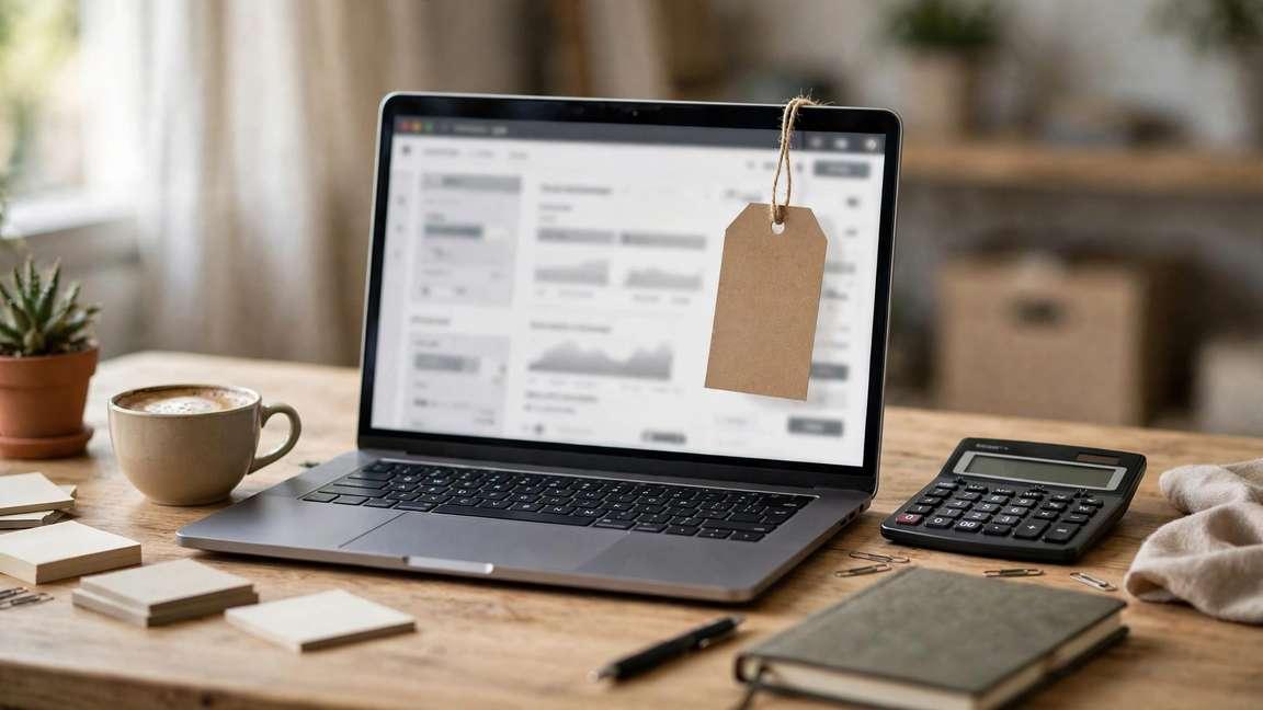 A small business desk with a laptop pricing page, coffee cup and blank price tag.