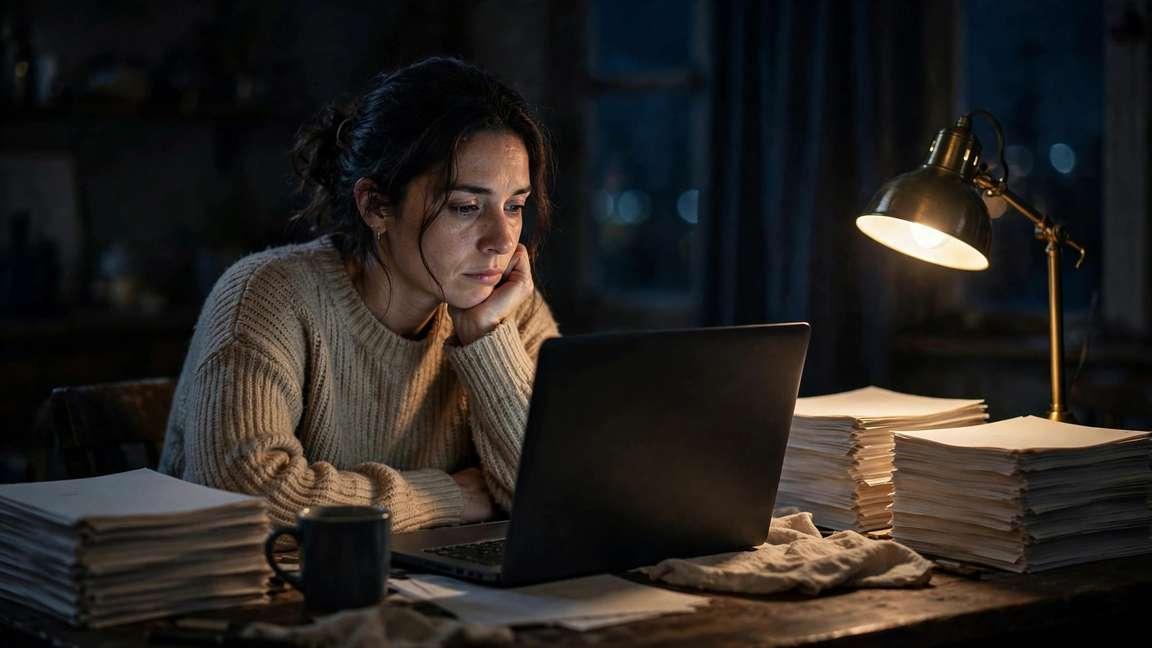 A woman at a desk at night staring at a dark laptop screen beside manuscript pages.