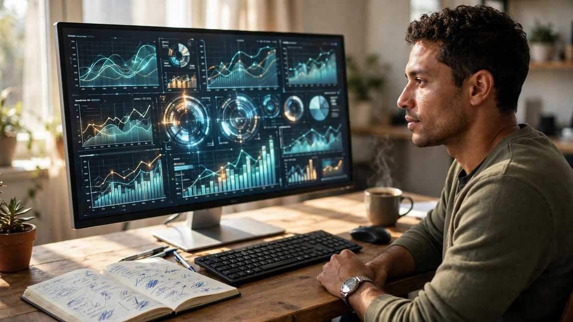 A data analyst reviewing a glowing dashboard chart in a sunlit office.
