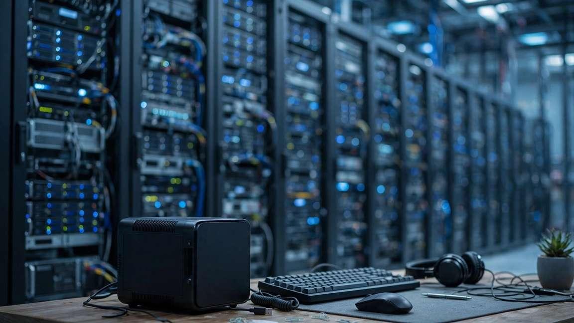A small desktop computer in front of a massive blurred wall of server racks.
