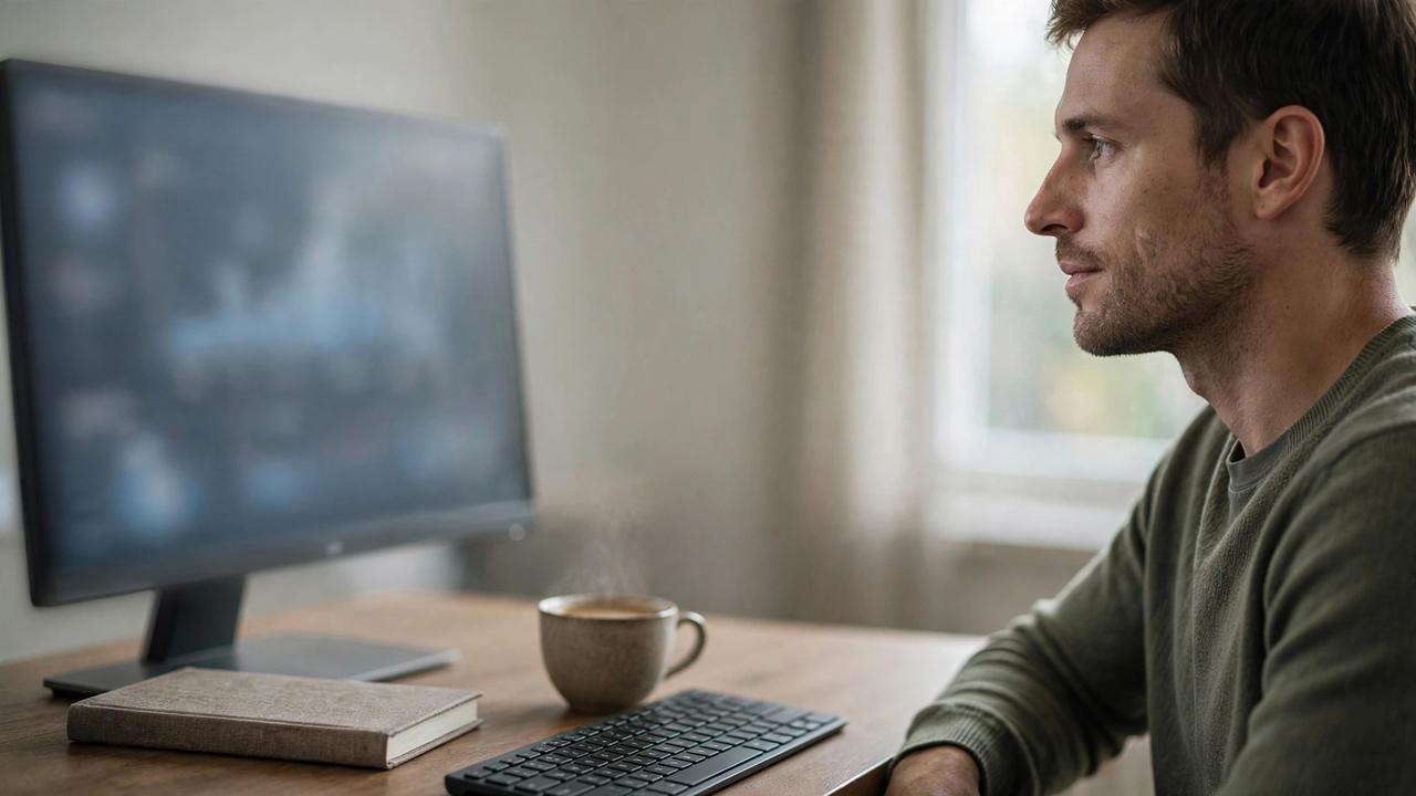 A data analyst reviewing a dashboard chart on a monitor in a sunlit office.