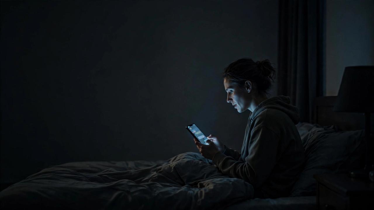 A person in a dark bedroom at night, face lit by the glow of a phone screen.