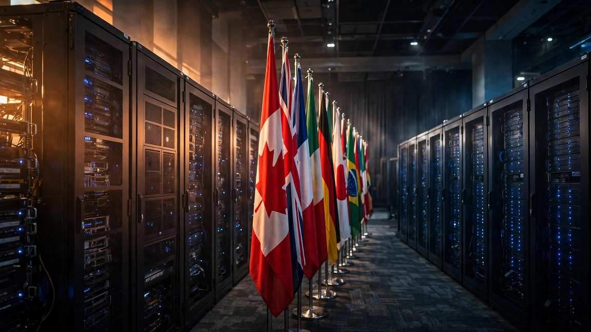 A network gateway routing cables between two flags, tension visible.