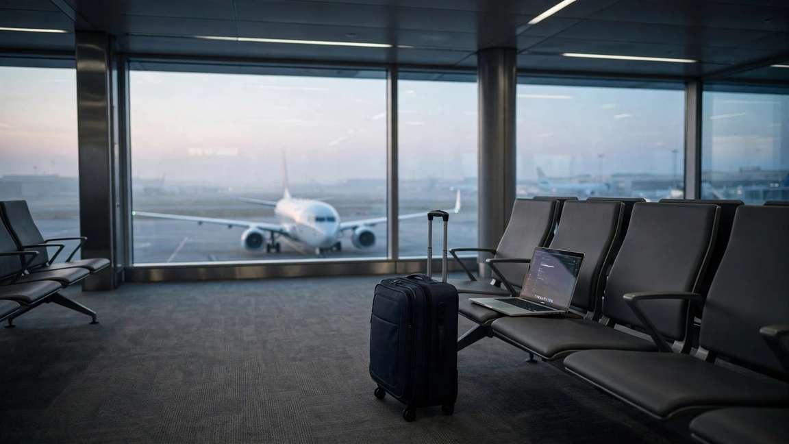 An empty airport gate at dawn with a grounded jet beyond the window.