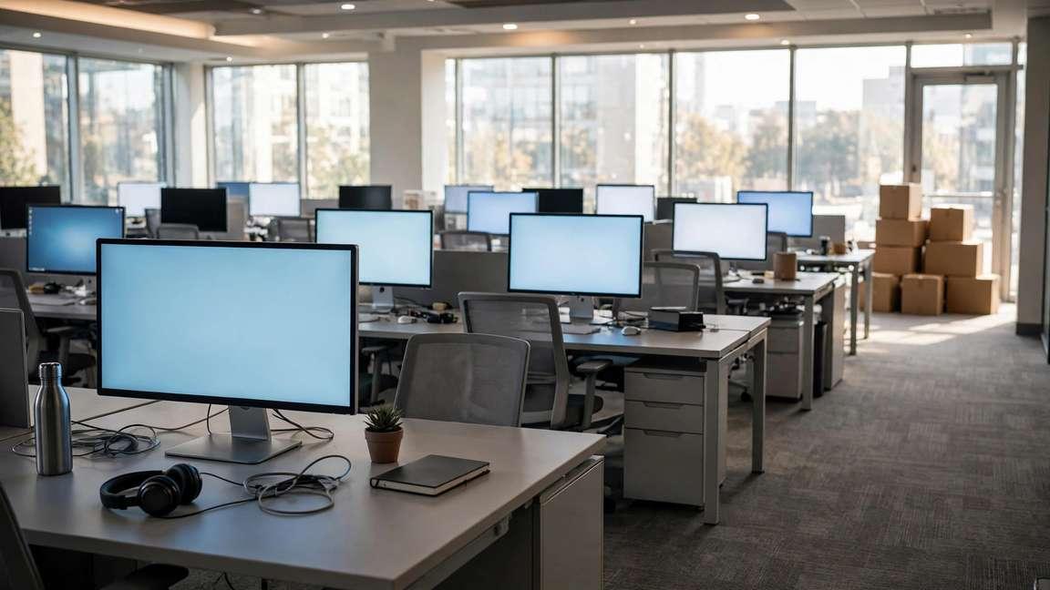 A half-emptied open-plan office with boxes stacked near the exit.