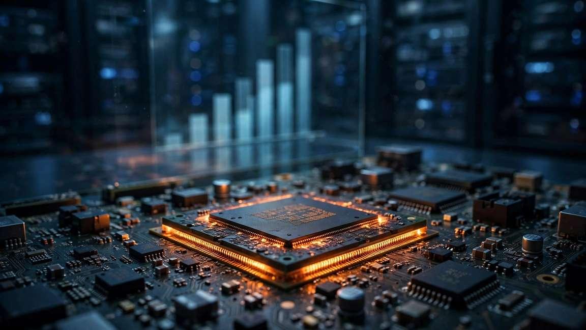 A glowing graphics processor chip with a bar chart reflected on glass.