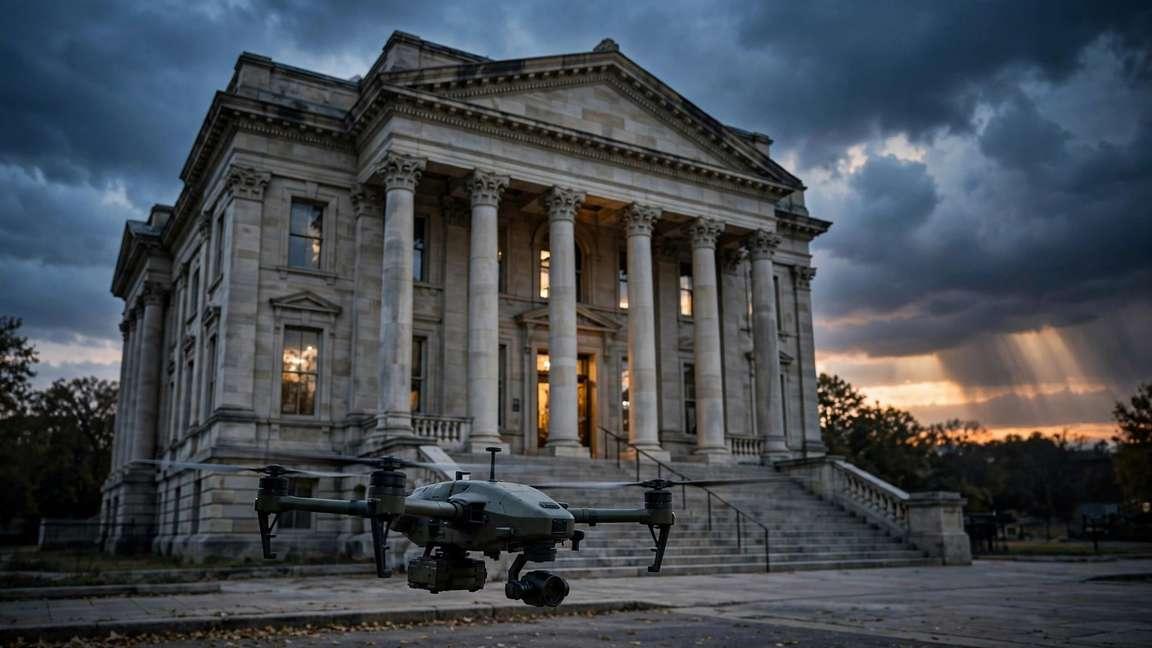 A courthouse facade at dusk with a military drone hovering low.