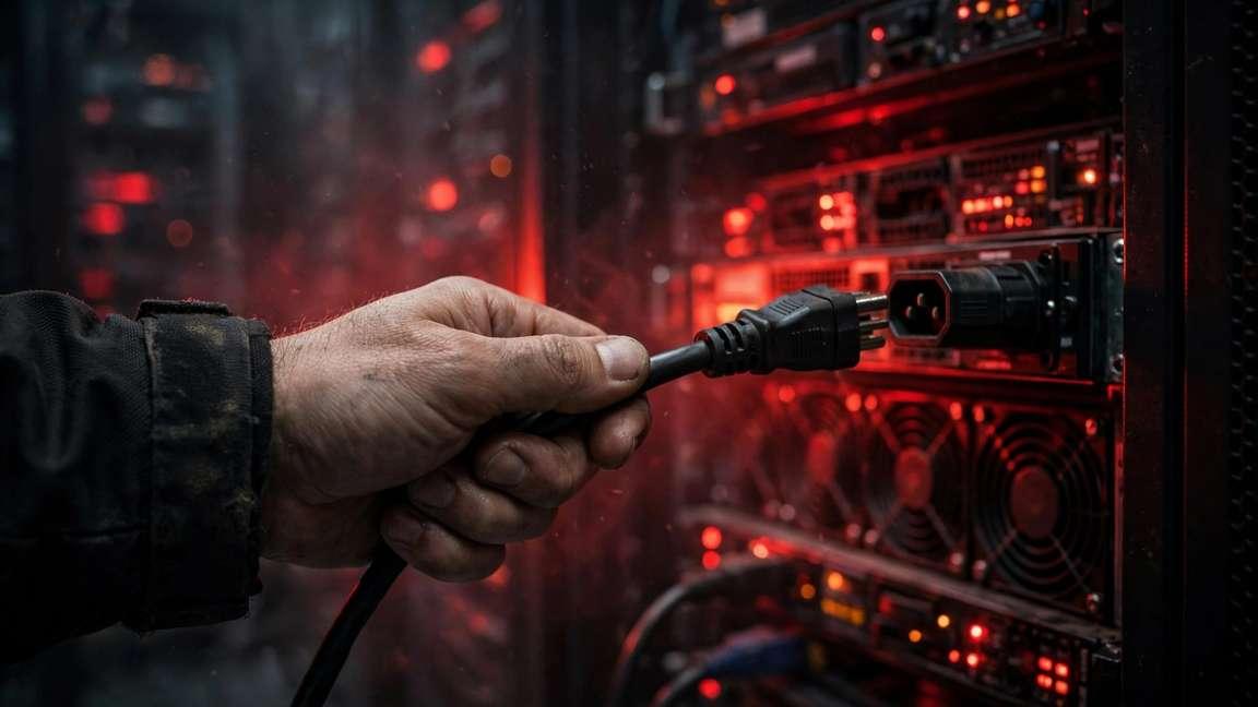 A hand pulling a power cable from a glowing server rack under red emergency light.