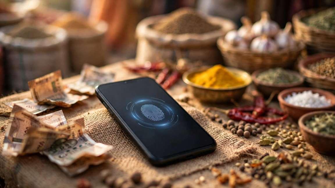 A smartphone payment prompt on a market stall in India, spices nearby.