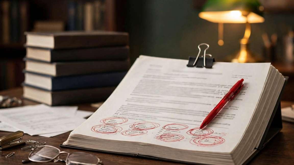 A lawyer's desk with a legal brief, red pen circling footnotes, law books behind.