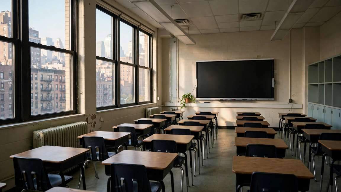An empty New York City classroom with desks in rows, smartboard off.