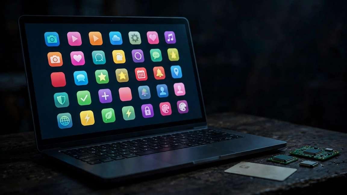 A laptop glowing with app icons in a dark room, credit card and chip beside it.