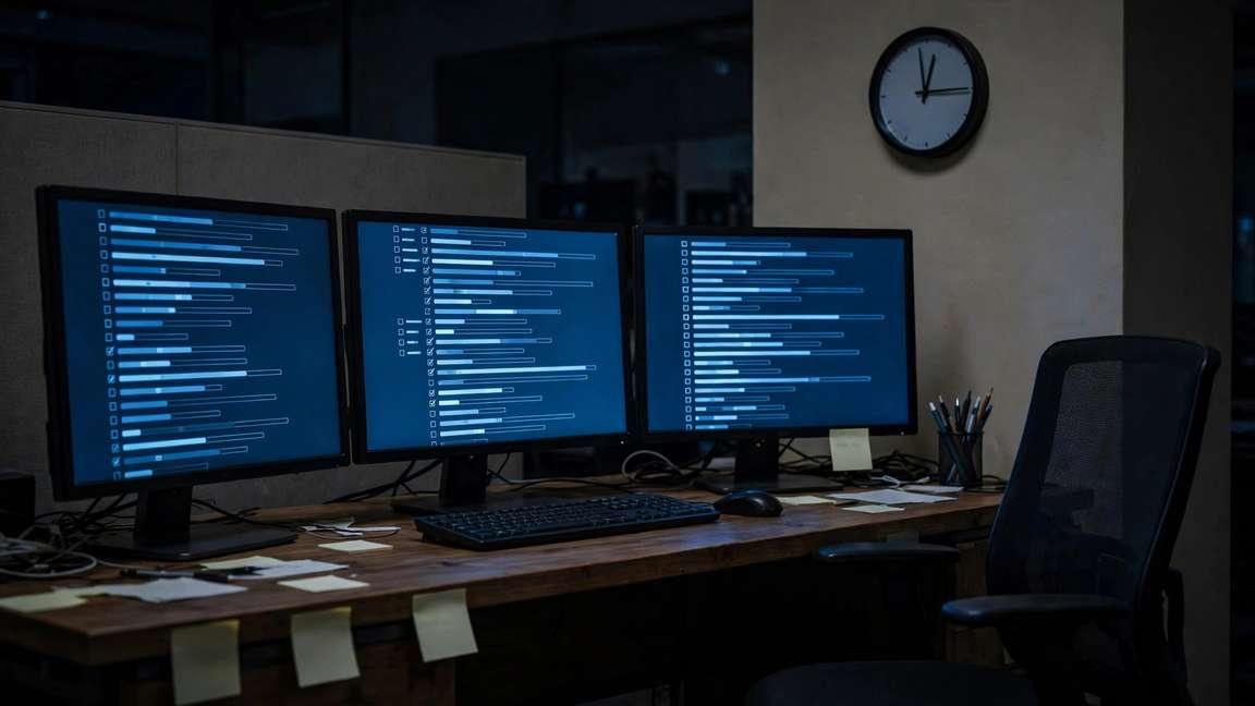 Three monitors with cascading task lists in an empty office late at night.