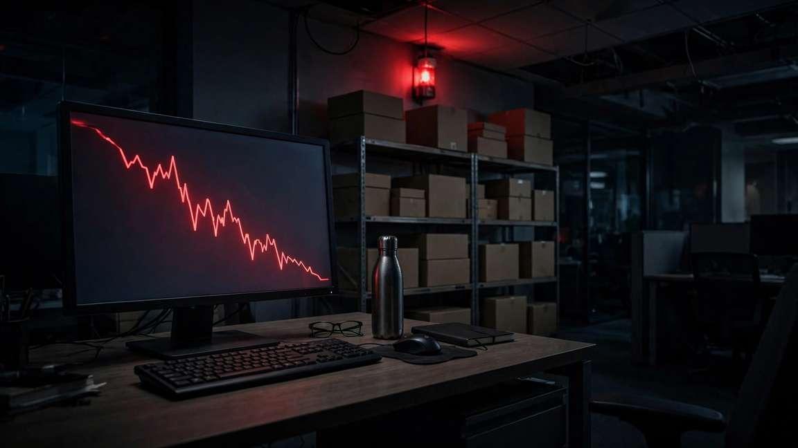 A dark office monitor showing a plunging red graph, medical boxes on a shelf.