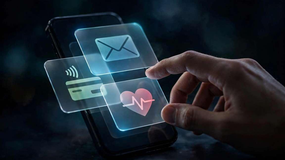 A smartphone glowing with mail, payment and health app windows, a hand reaching in.