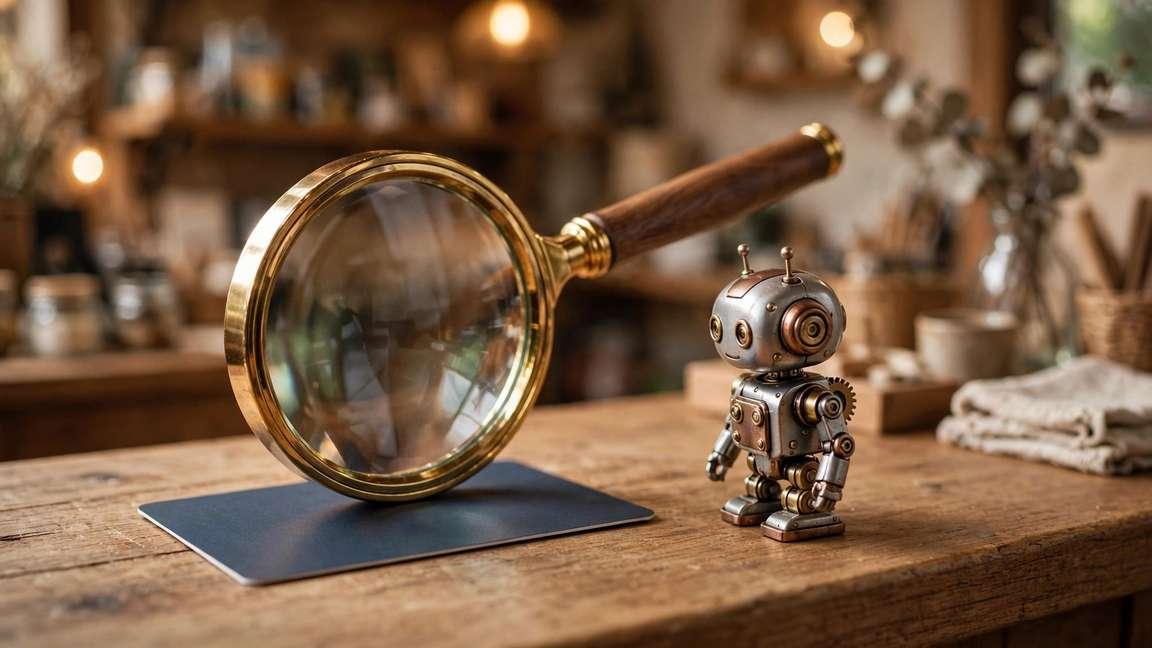 A credit card and a small robot figurine facing each other at a checkout counter.
