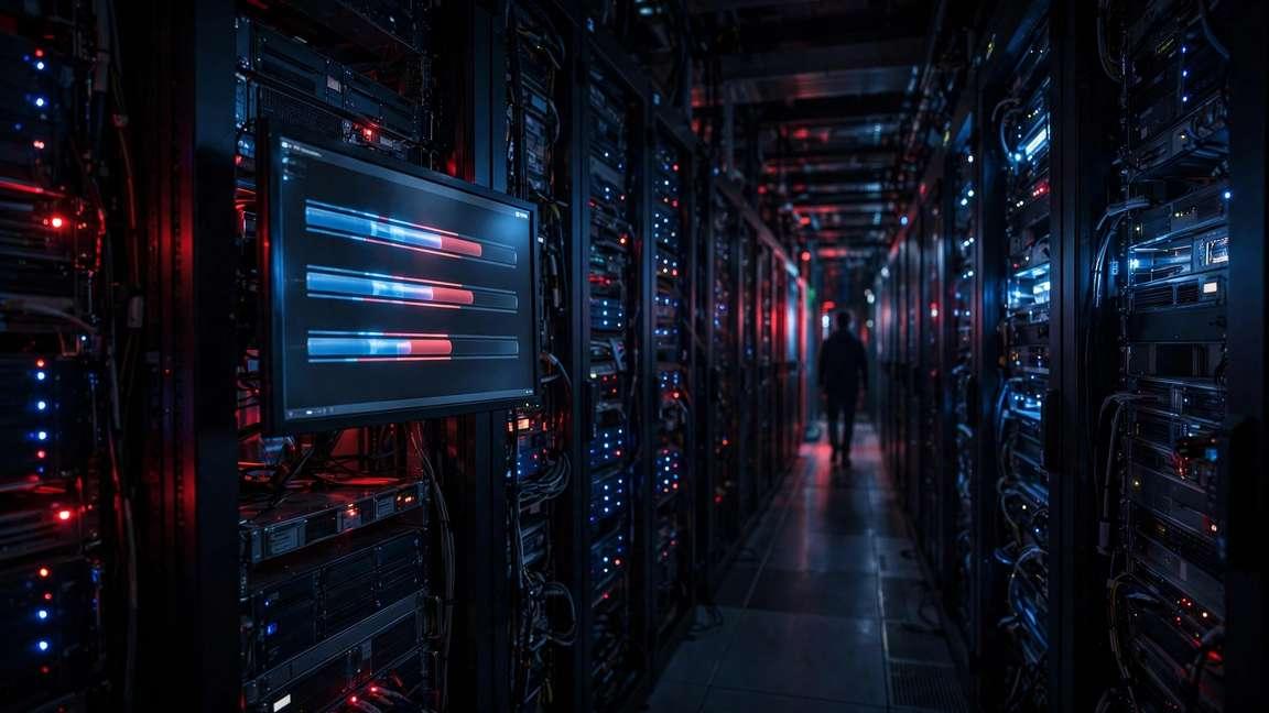 A dark server room monitor showing file transfers, a silhouette walking away.