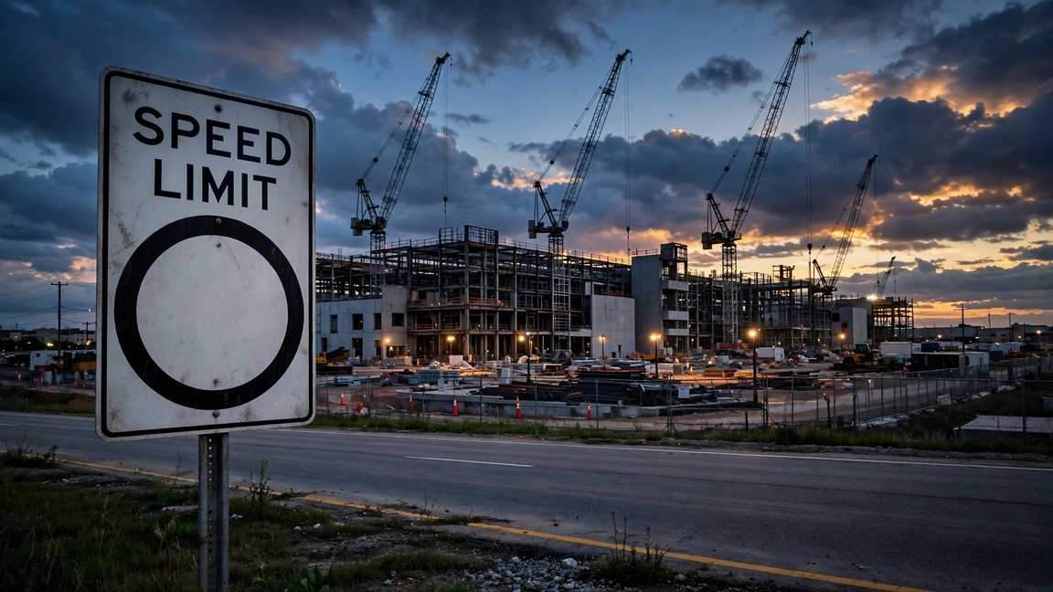 A highway speed limit sign before a data center construction site at dusk.