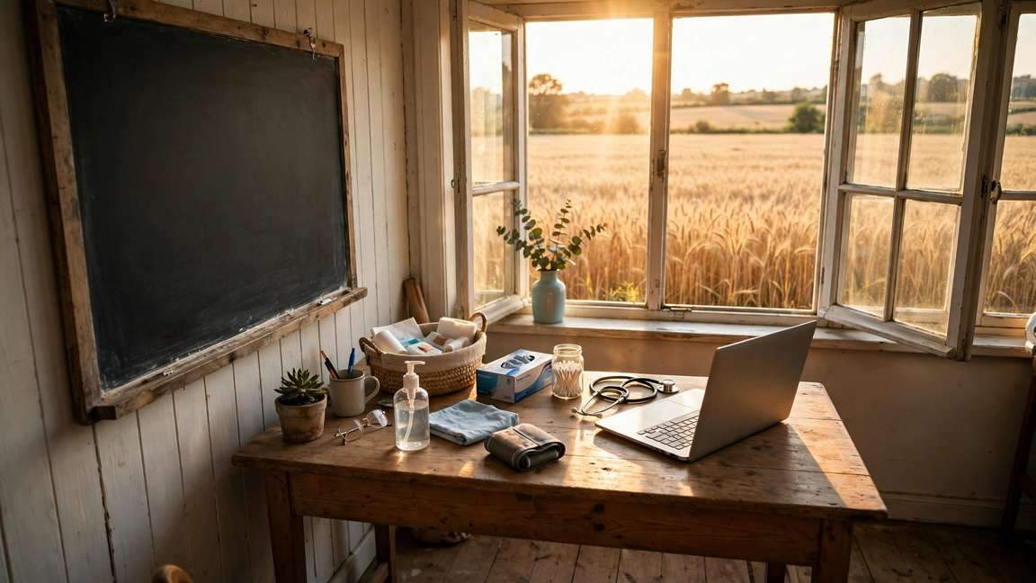 A rural clinic room with a laptop, chalkboard, and wheat field outside the window.