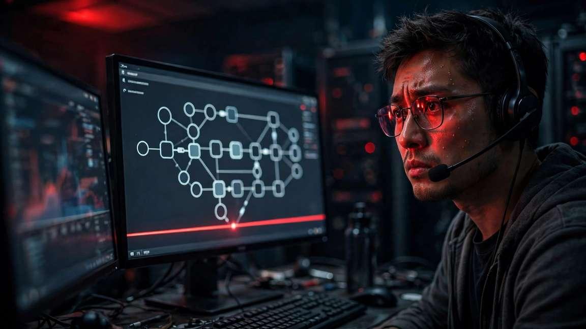 An engineer at a monitoring station, red warning light on their face.