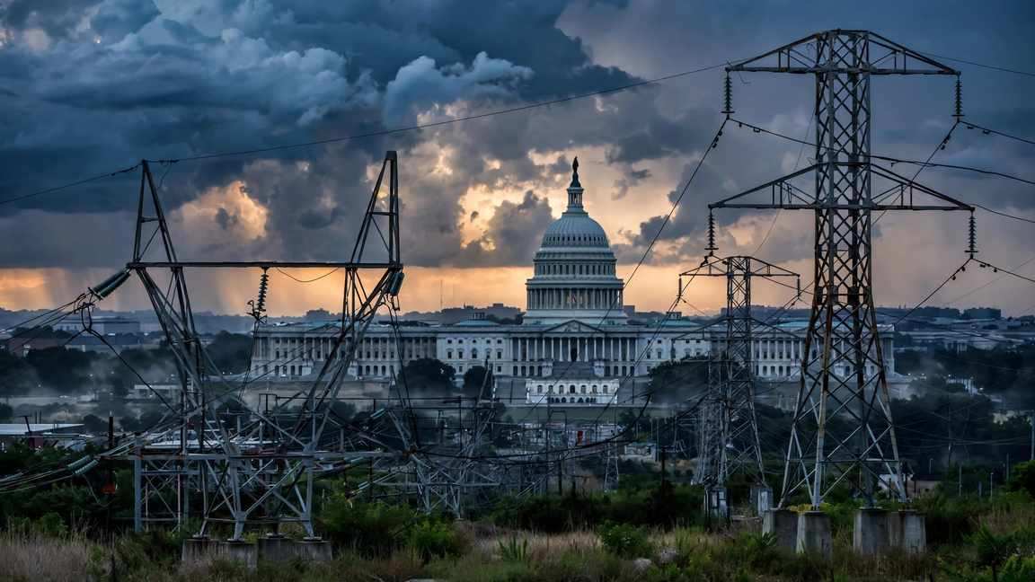 The U.S. Capitol dome at dusk behind high-voltage transmission towers.