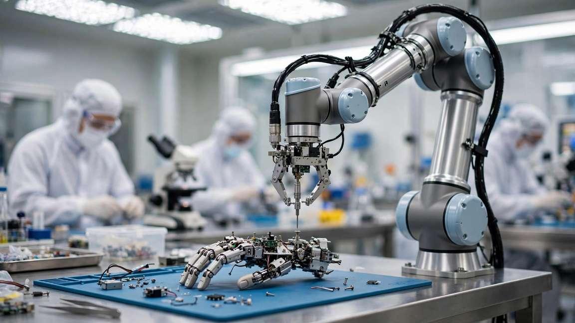 A robotic arm assembling a smaller robotic hand in a bright laboratory.