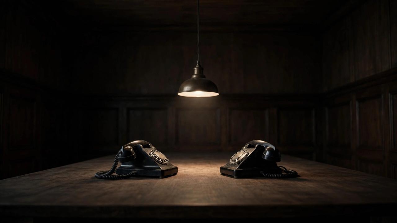 Two vintage black telephones facing each other on an empty conference table.