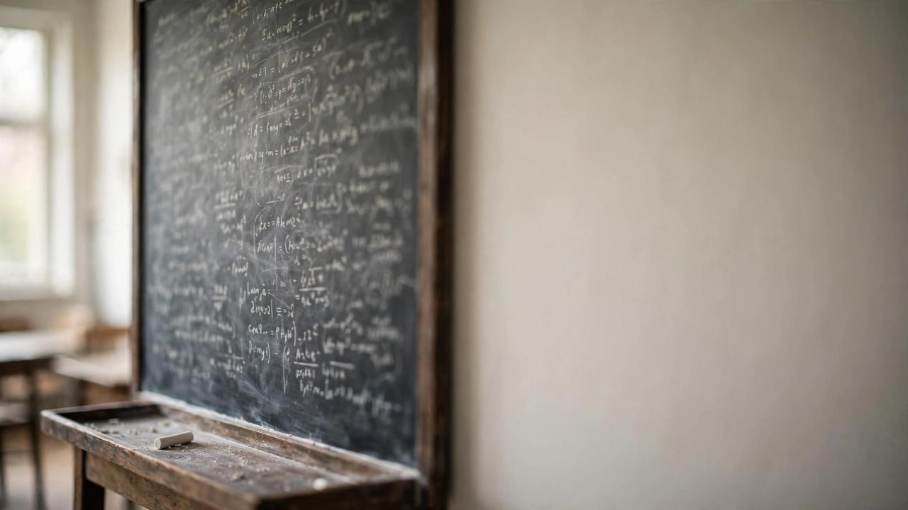 A chalkboard full of mathematical equations, softly out of focus, in an empty classroom.