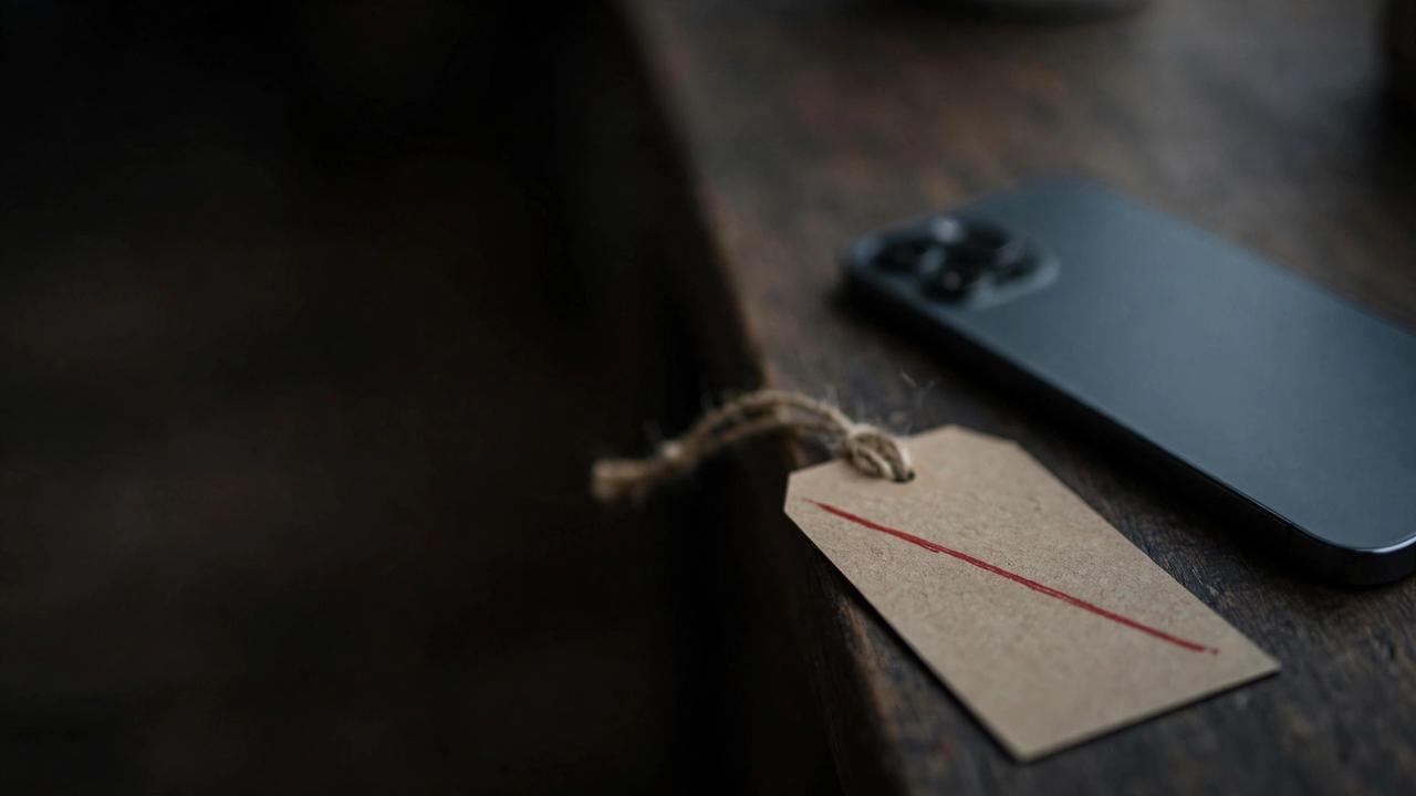 A paper price tag with a red line through it beside a face-down phone on a dark counter.