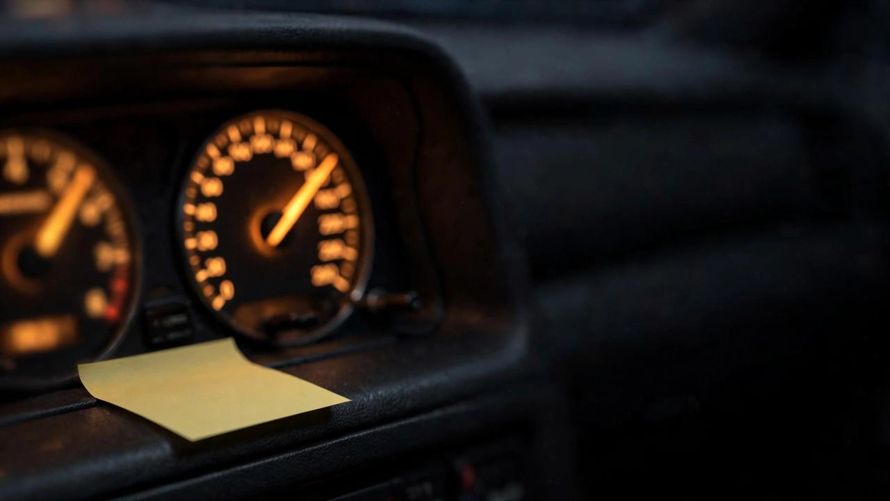 A car dashboard at night with the speedometer needle high and a blank sticky note on the dash.