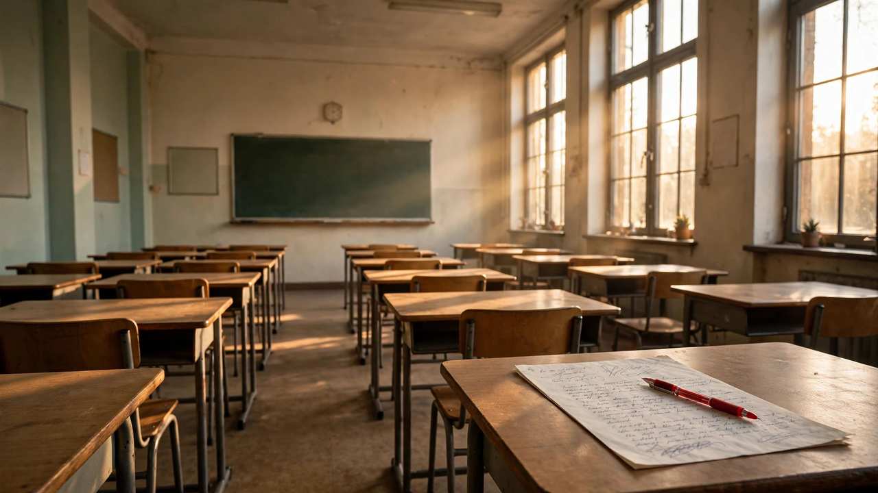 An empty classroom with desks in rows and a handwritten essay on one desk, afternoon light.