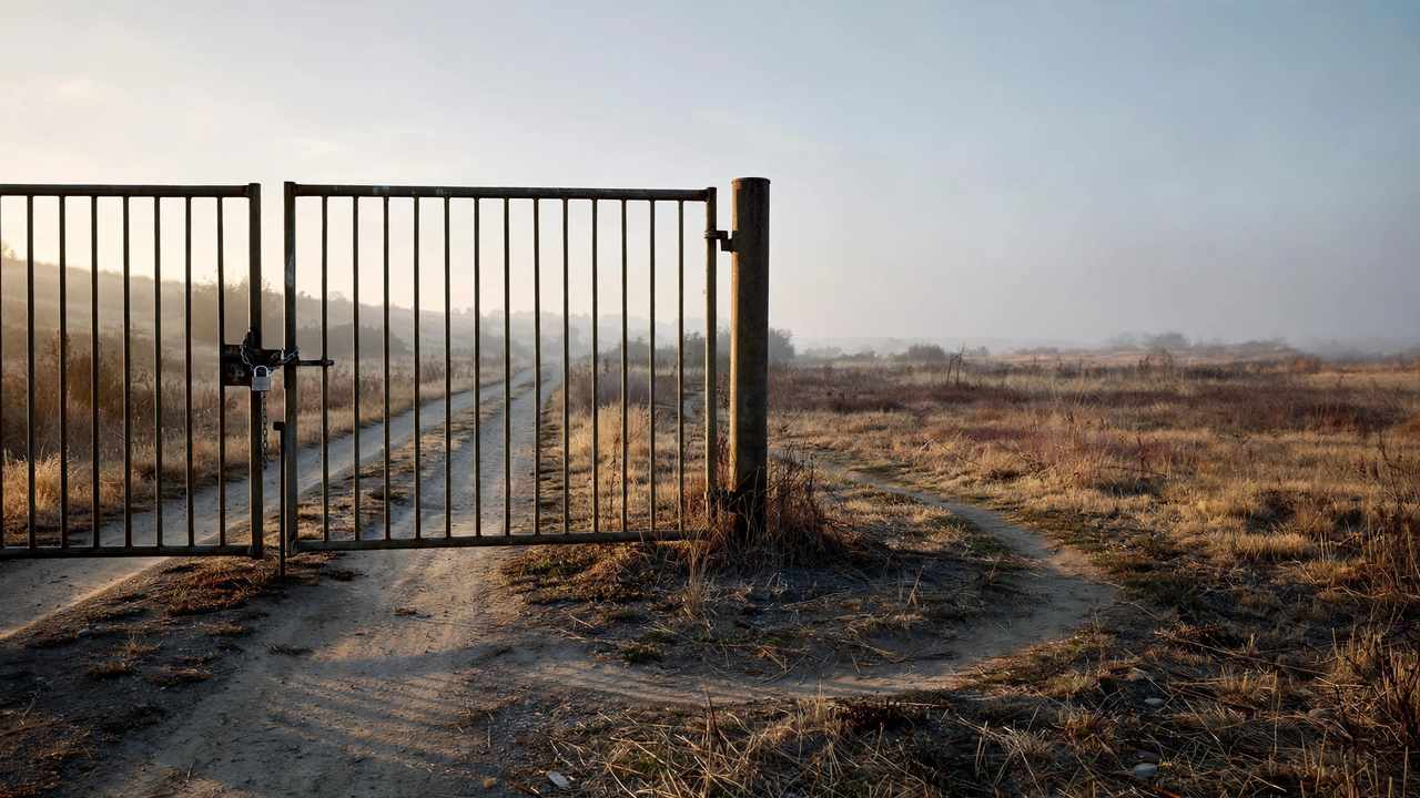 A closed gate across a service road at dawn, with a footpath worn into the grass around its post.